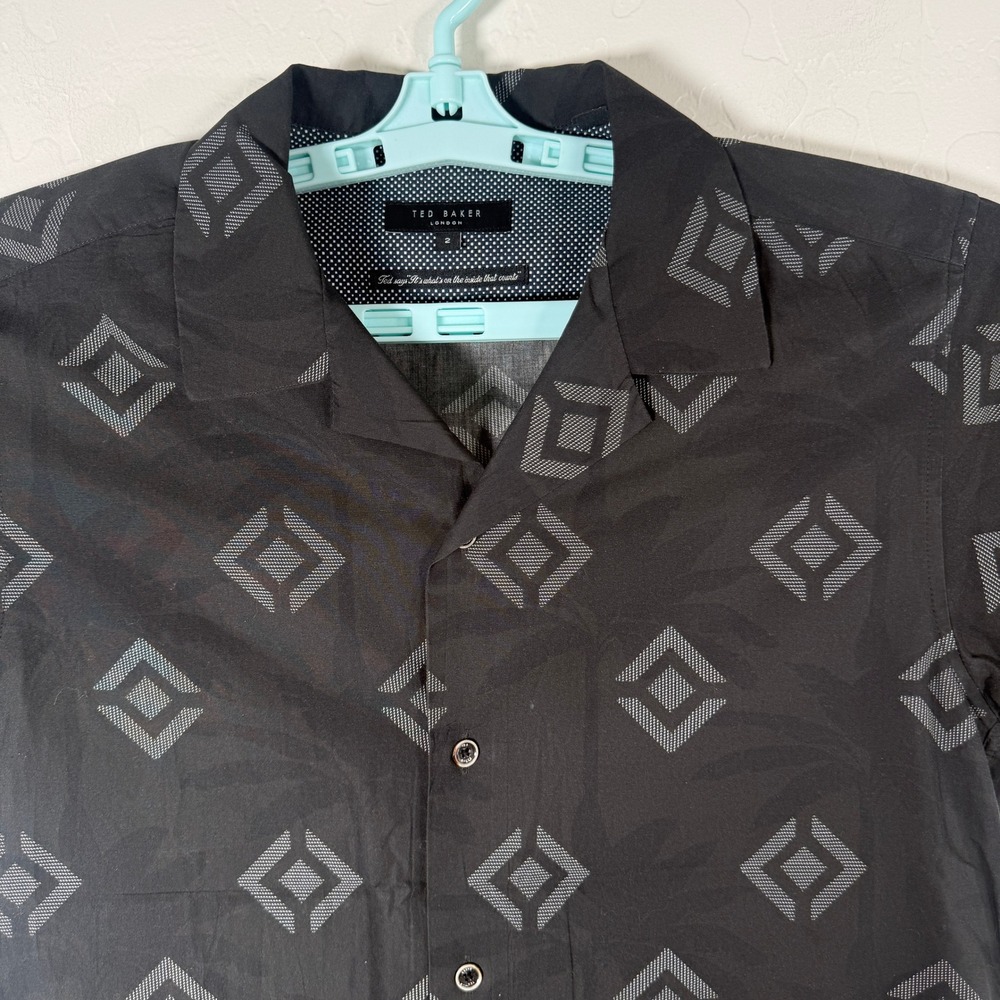 Ted Baker Shirt Mens 2 Small Black Geometric Print Camp Collar Button Up